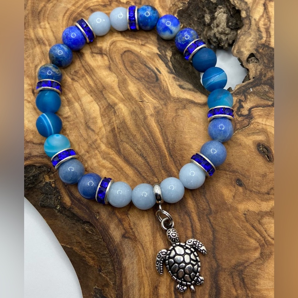 Semiprecious Blue Beaded Turtle Charm Bracelet